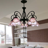 Tiffany Style Petal Chandelier with Pink/Blue Glass Shades - 5/8 Light Black Pendant for Bedroom - This stunning petal chandelier lighting fixture is sure to brighten up any space with its Tiffany style stained glass and black metal construction. It